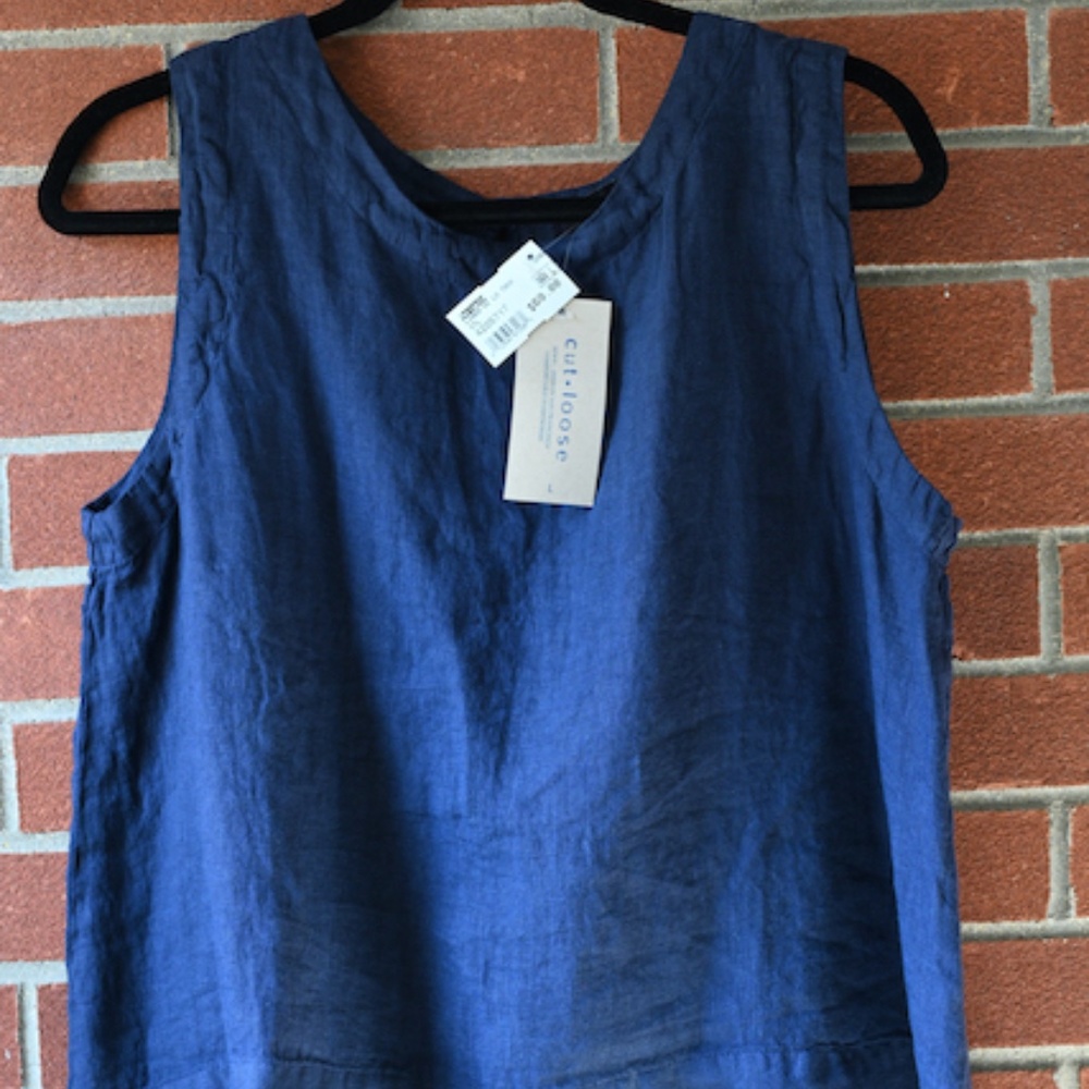 Cut Loose Linen Hi Lo Tank Top - L - Navy Blue
